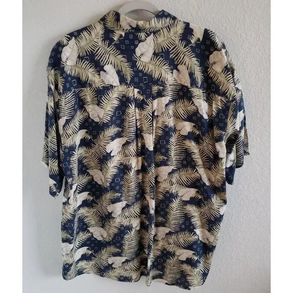 Summa Men Size XL 100% Silk Hawaiian Aloha Shirt Blue with Tan Leaf & Fern Print - Picture 2 of 5